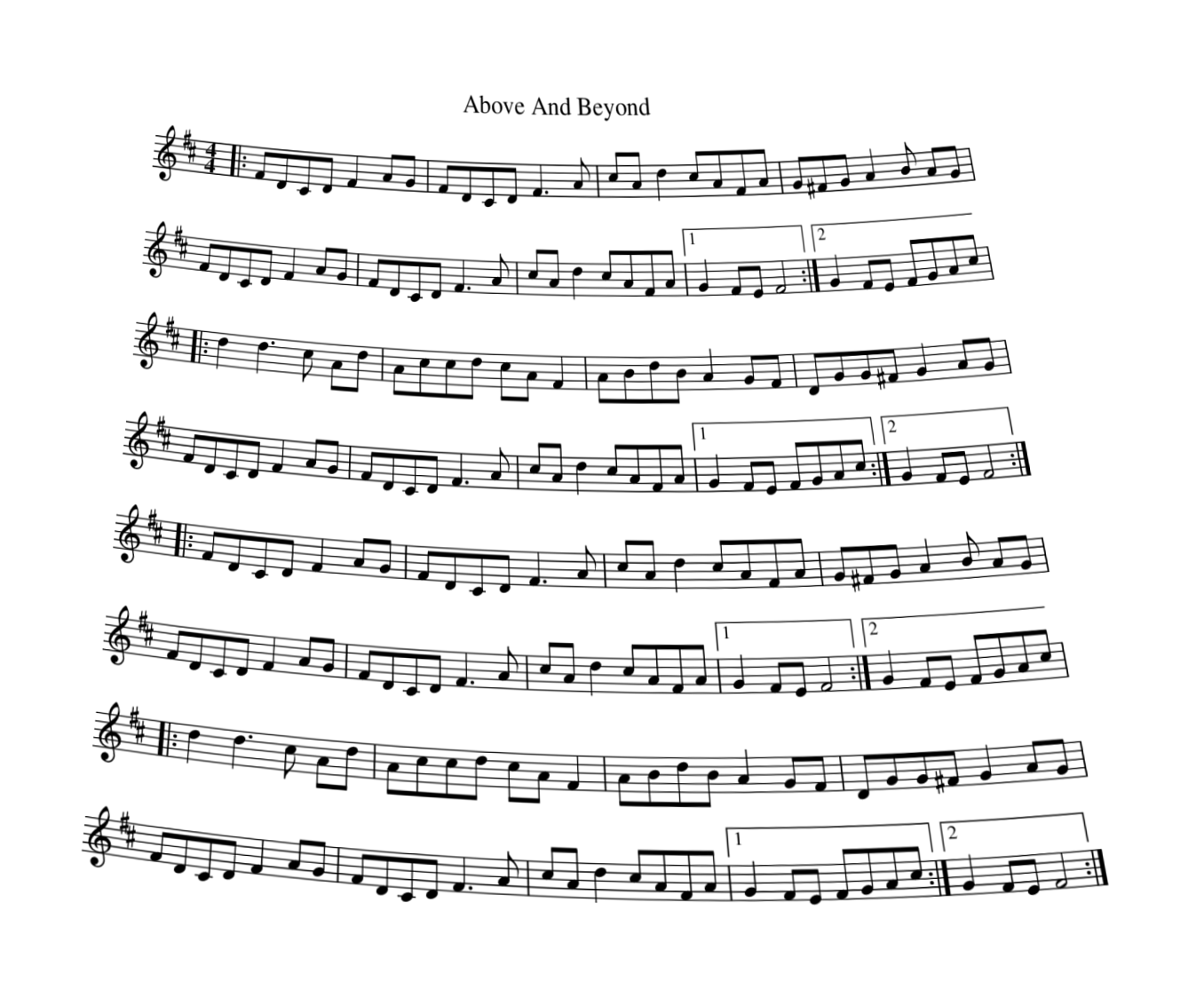 A long, distorted score, 'Above And Beyond', under perspective, shear, and arc warping
